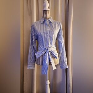 New blue white stripe cotton strip shirt button down bow